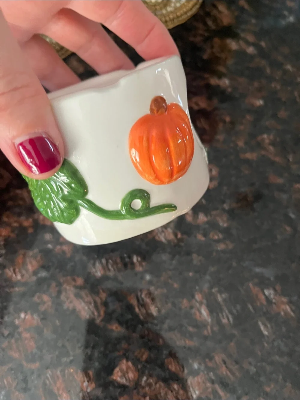 Hand-Painted Orange Pumpkin Ceramic Votive with Purple Grape Accent